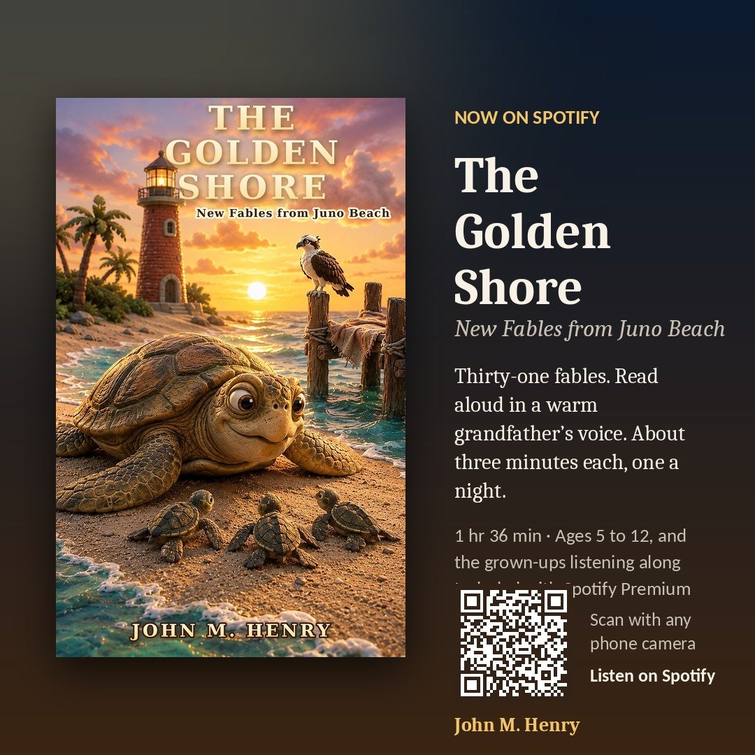 The Golden Shore audiobook card: the book cover beside the words Now on Spotify, 1 hr 36 min, and a QR code that opens the audiobook on Spotify