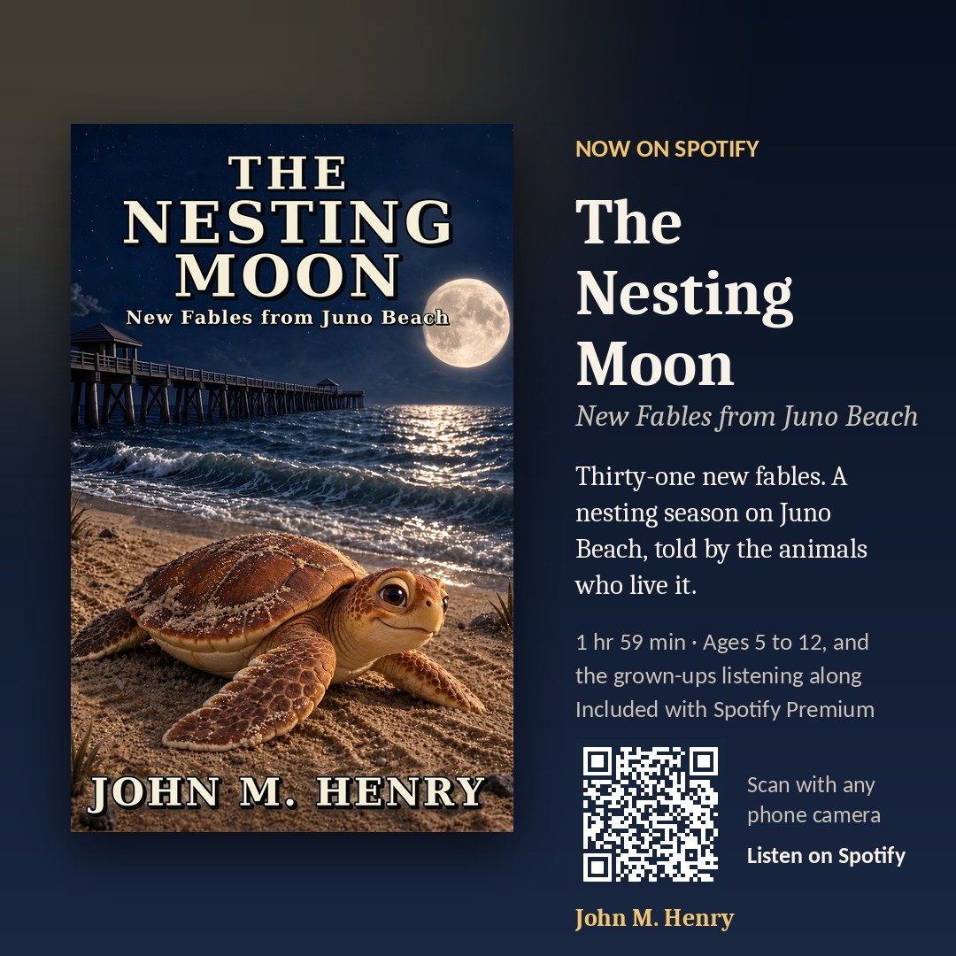 The Nesting Moon audiobook card: the book cover beside the words Now on Spotify, 1 hr 59 min, and a QR code that opens the audiobook on Spotify