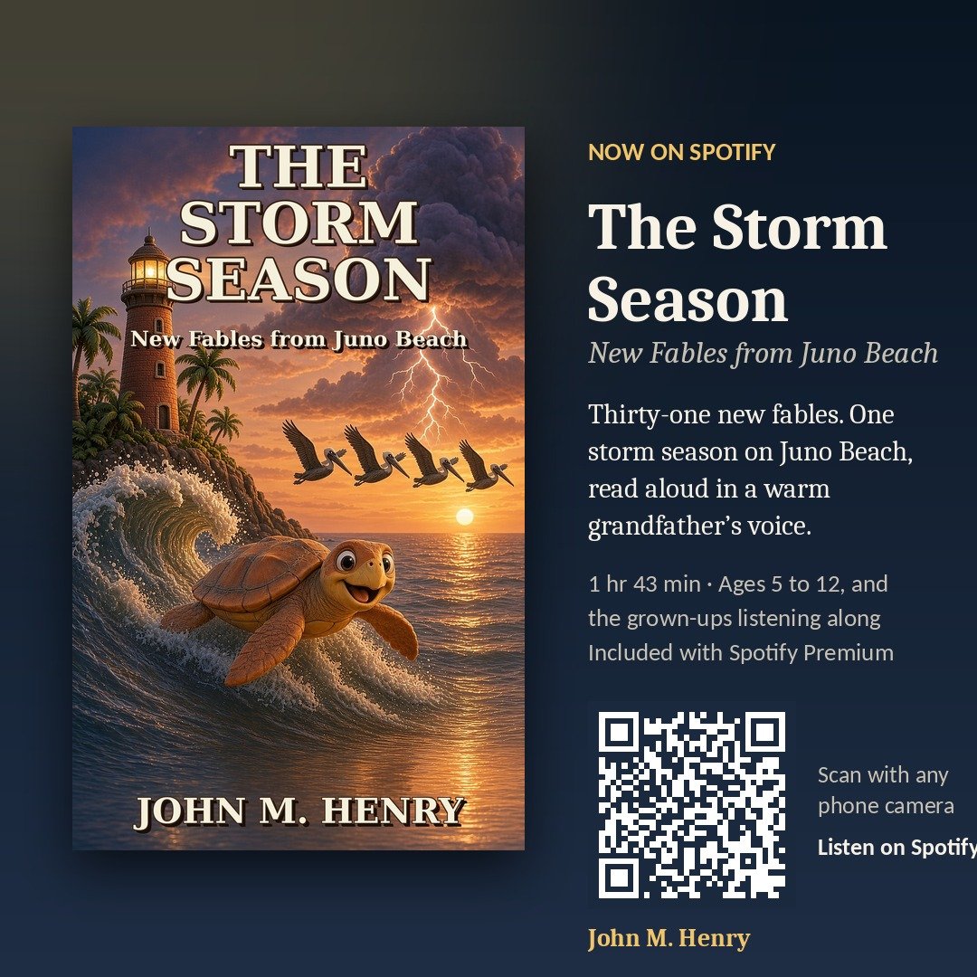 The Storm Season audiobook card: the book cover beside the words Now on Spotify, 1 hr 43 min, and a QR code that opens the audiobook on Spotify