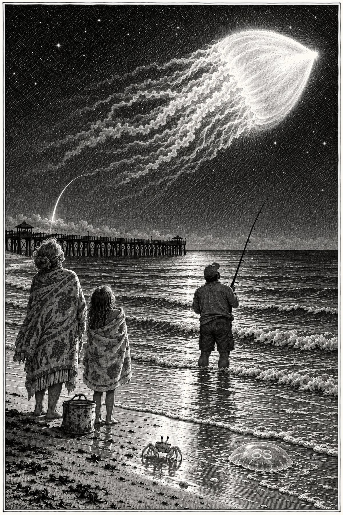 Pen-and-ink plate: a grandmother, a girl and a surf fisherman on Juno Beach before dawn, the pier to the left, a glowing jellyfish-shaped rocket plume over the ocean, a ghost crab and a moon jelly at the water's edge