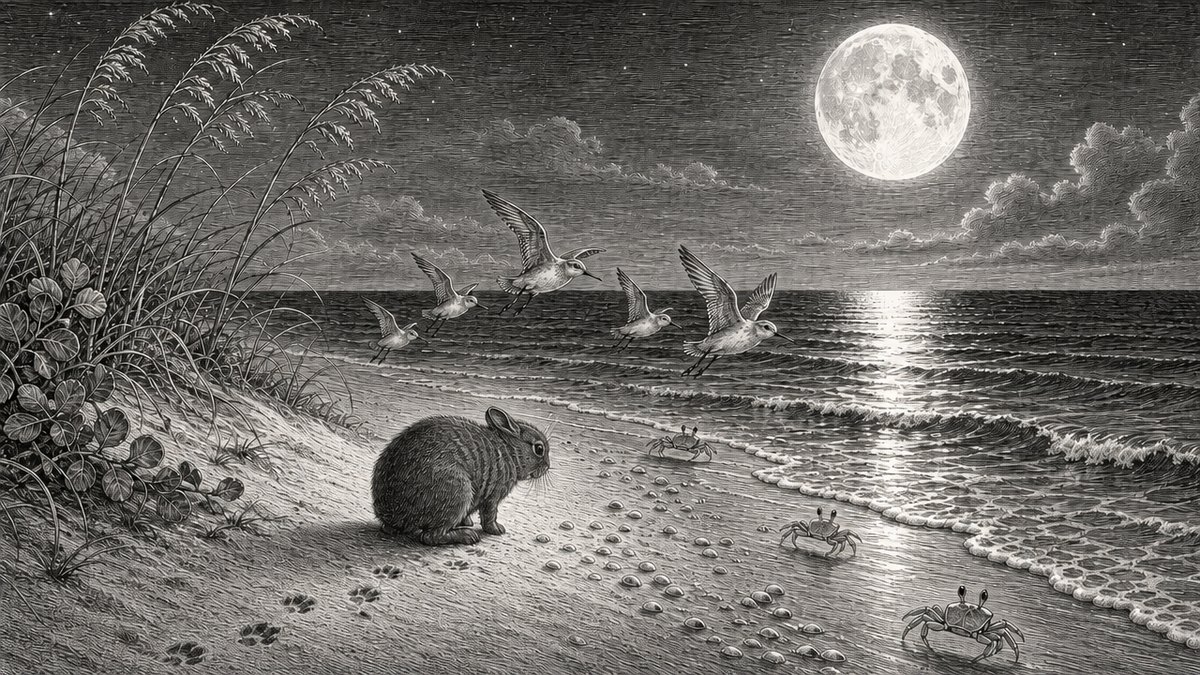 Pen-and-ink plate: a small marsh rabbit on the moonlit beach at Juno, ghost crabs scattering, the Hunter's Moon rising over the Atlantic