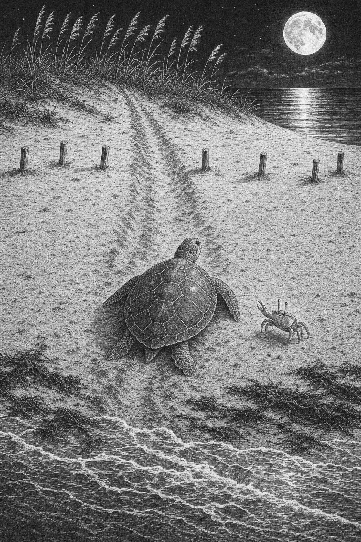 Pen-and-ink plate: a green sea turtle hauling up a moonlit beach past the wrack line and the nest stakes toward the dune, her track running straight up from the surf, a ghost crab beside her, the full moon over the water.